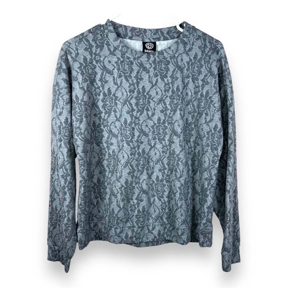 MEDIUM BOBEAU GREY FLORAL LACE LOOK FABRIC STRETCH LONG SLEEVE TOP SWEATSHIRT